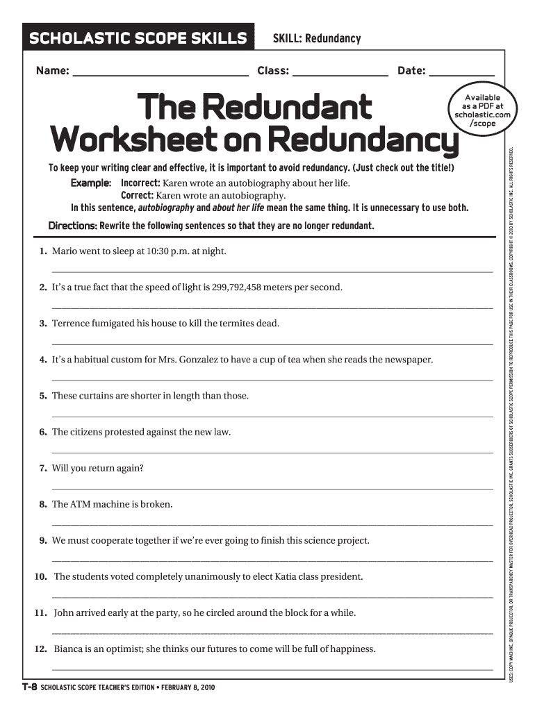 The Worksheet On Redundancy Worksheet Answer Key - Fill Online, Printable,  Fillable, Blank